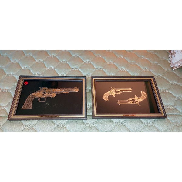 Set Of 2 Framed Prints Of Dueling Pistols - Foil Technique On Velvet - Nice!