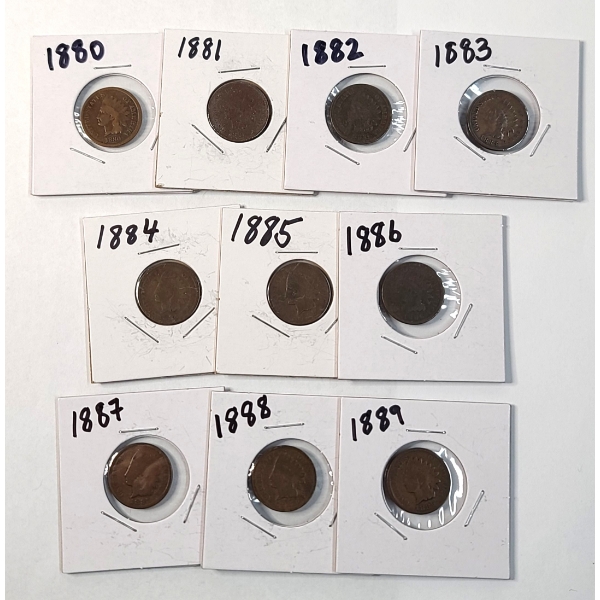 Lot Of (10) United States Indian Head Cents - Years 1880-1889
