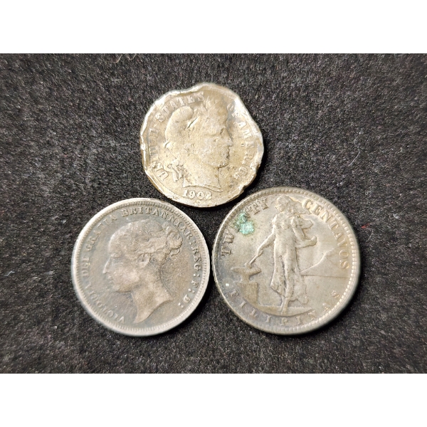 Three Assorted Silver United States & Foreign Coins Ft. Barber Dime, 1944 20 Centavos & 1884 6 Pence