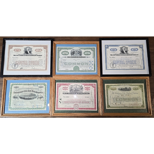 Set of 6 Railroad Stock Certificates from Various Railroad Companies incl Erie, Baltimore and more