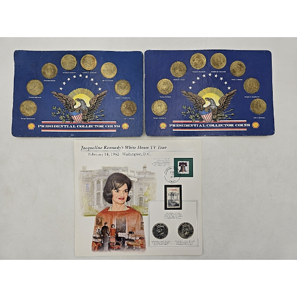 (2) Sets of Presidential Collector Coins &  Jacqueline Kennedy Commemorative Coins & Stamps