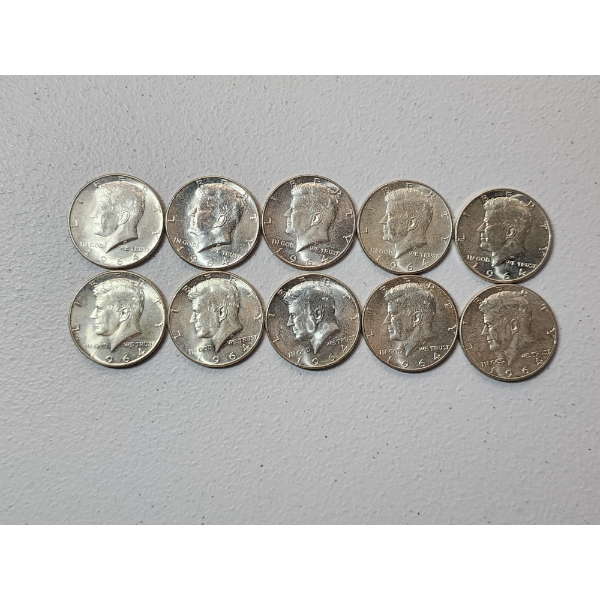 x10 1964 90% Silver Kennedy Half Dollars - Face Value $5.00