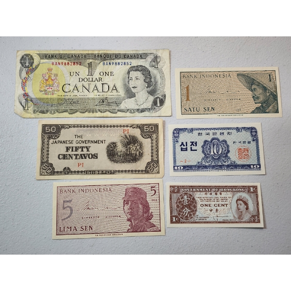 Assortment of Vintage World Paper Money: Canada, Japan, Indonesia, Hong Kong
