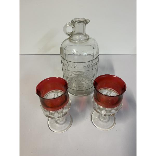 White House Vinegar Jug and 2 Wine glasses - red rimmed wine glasses - Vinegar jug 