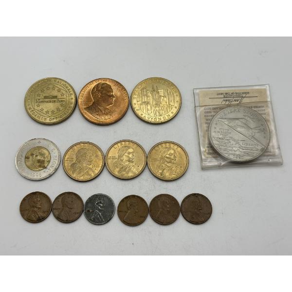 Collectible Coins and Medals including U.S. One Dollar Coins, Wheat Pennies, Desert Storm Com Coin, 