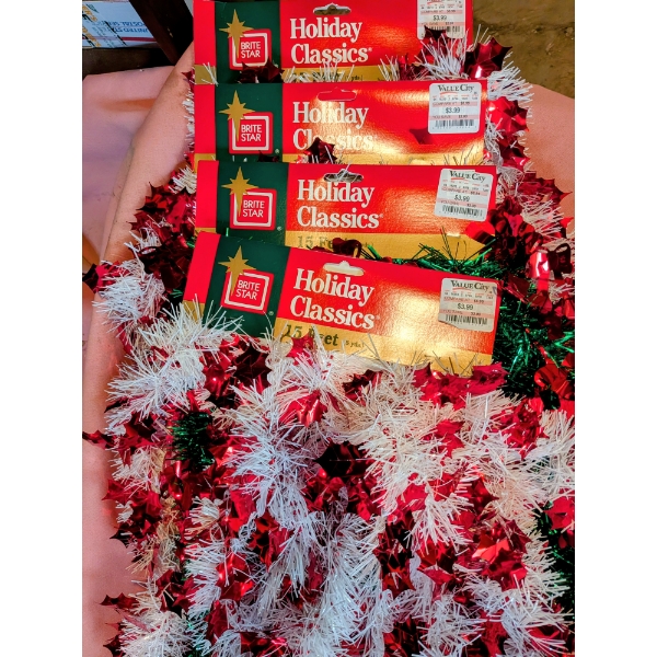 Mostly New Holiday Items, Including 4 Packs Of Garland, 14" Tree, Velvet Ribbons, Placemats, Ornamen