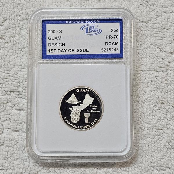 2009-S 90% Silver Guam Quarter certified as PR-70 Deep Cameo (DCAM) by IGS Grading