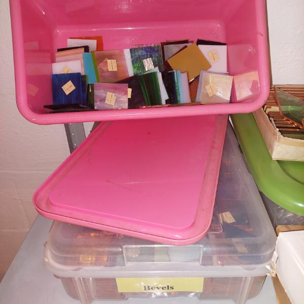 Stained Glass Tools & Supplies -  2,  Box & Assorted Glass Pieces Cut Squares & Remaining Pieces