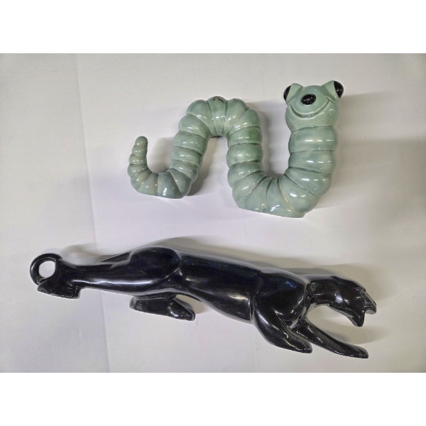 Highly Collectable MCM Vintage Ceramic Decor Including Iconic Black Panther & Green Inch Worm In Gre