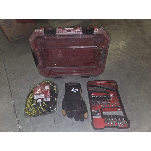 All Brand New! Huskey 5 Gallon Snap Lock Tuff Tote, Size Large Gloves, Cargo Net & Wrench Combo Set