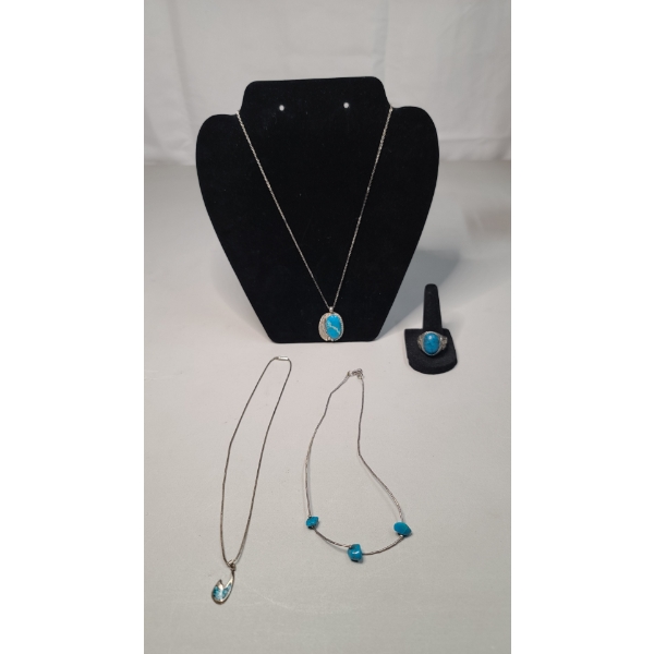 Assorted Necklaces & Ring With Blue Stones  - Size 10 