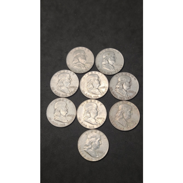 Assorted Years 90% Silver Franklin Half Dollars - Face Value: $4.50