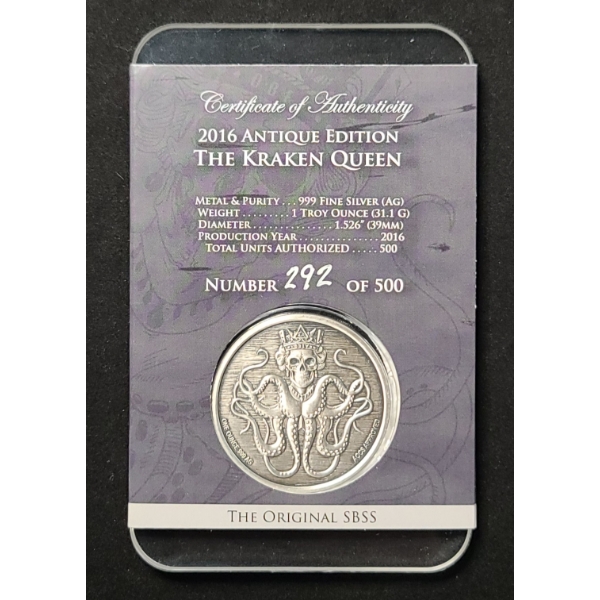 2016 Antique Edition "The Kraken Queen" 1 Troy Oz .999 Fine Silver Coin - Mintage 292/500 