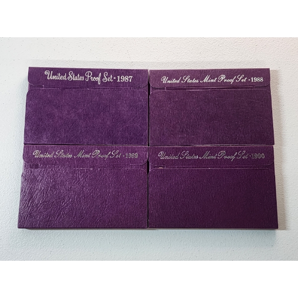 x4 United States Mint Proof Sets: 1987, 1988, 1989, 1990 in Original Packaging w/ CoA