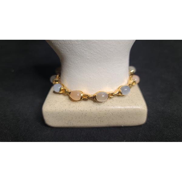 .925 Sterling Silver Gold Tone Multi-colored Moonstone Style Tennis Bracelet - Total Weight: 16.9g