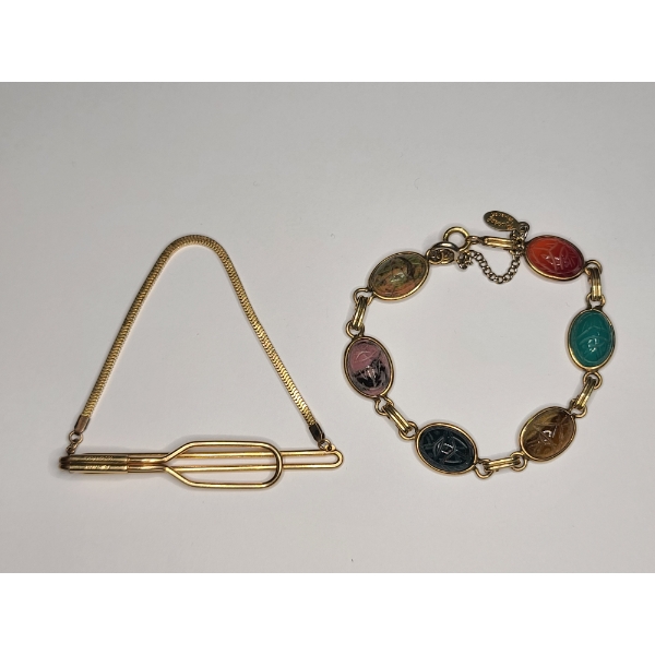 Vintage 12K 1/20 Gold Filled Forstner Tie-Bar/ Chain & Scarab 7" Bracelet With 12K Gold Fill - 18.3g