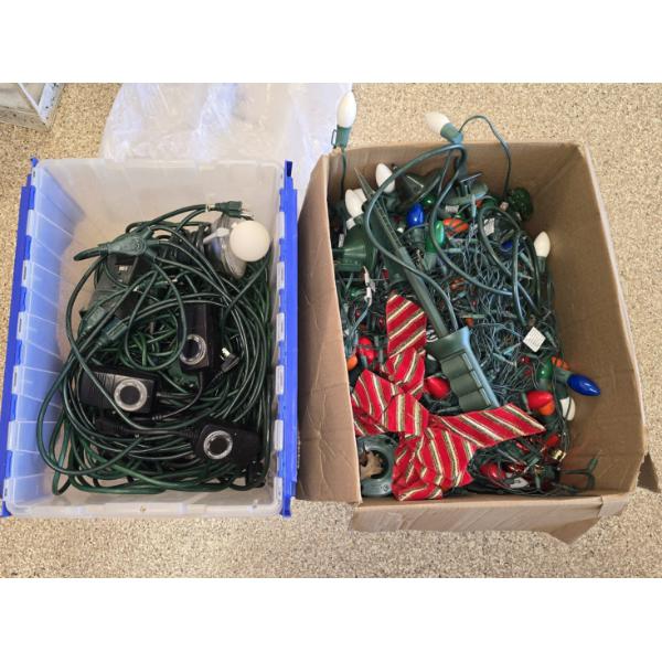 Tote of Outdoor Power Cords and Box of Assorted Lights