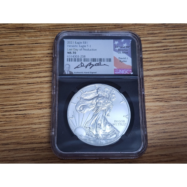 NGC MS70 2021 Silver American Eagle Heraldic Eagle T-1 - Signed - 1 oz .999 Fine Silver