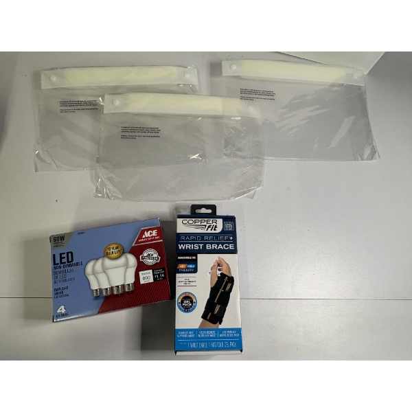3 Face Shields - 4 LED Lightbulbs - Copper Infused Wrist Brace 