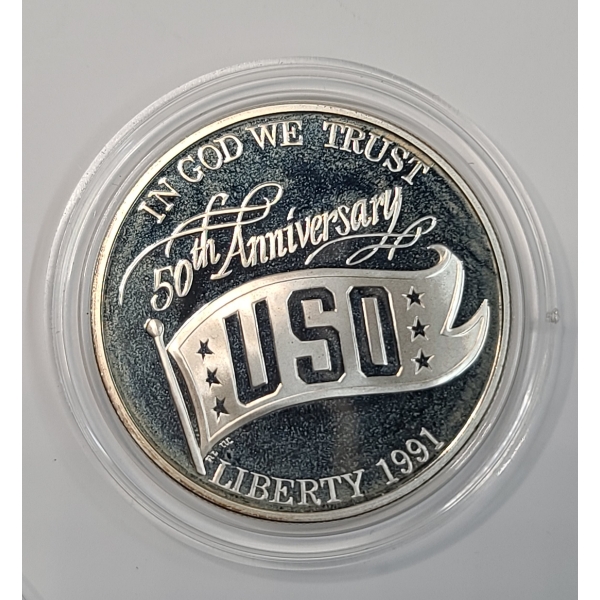 1991-S United Service Organizations (USO) 50th Anniversary Commemorative 90% Silver Proof Dollar ~