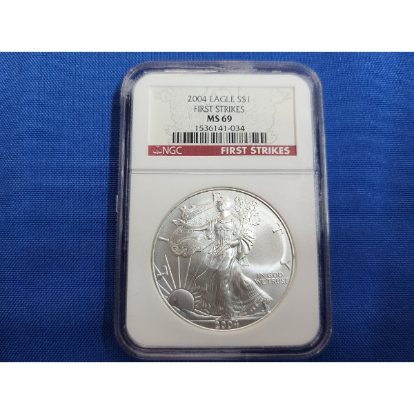 2004 American Silver Eagle "First Strikes" NGC MS 69 1 oz Fine Silver 