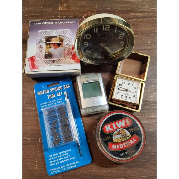 Lot of Assorted Home Items - Necklace Set, Clocks, Watch Repair Set, Shoe Polish & Photo Frame!