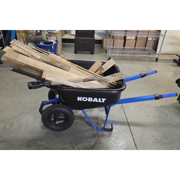 Like New! Kobalt 2 Wheel 7 Cubic Foot Steel Push Wheelbarrow With Scrap Wood & Small Shovel As Shown