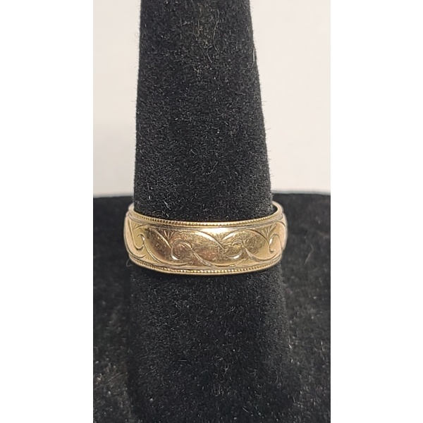 10K Yellow Gold Art Deco Swirl Pattern Milgrain Edge Wedding Band Ring - Size 6 - Weight: 3.6g