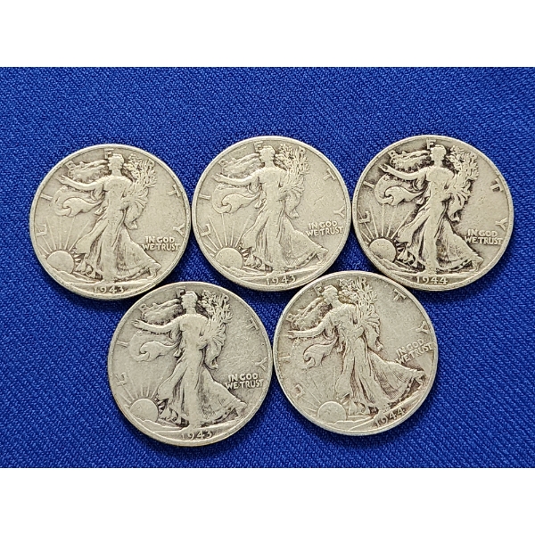 x5 90% Silver Walking Liberty Half Dollars: 1943, 1943, 1943, 1944, 1944 FV: $2.50