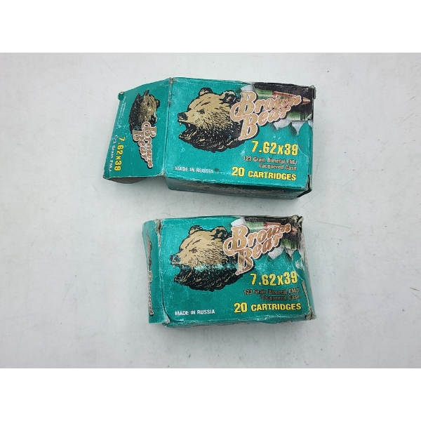 2 Full Boxes of Brown Bear 7.62x39 Rifle Ammunition -123 Grain HP & FMJ - Russian Made