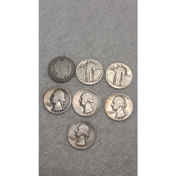 Assorted Years & Mint Marks Barber, Standing Liberty & Washington 90% Silver Quarters -FV $1.75