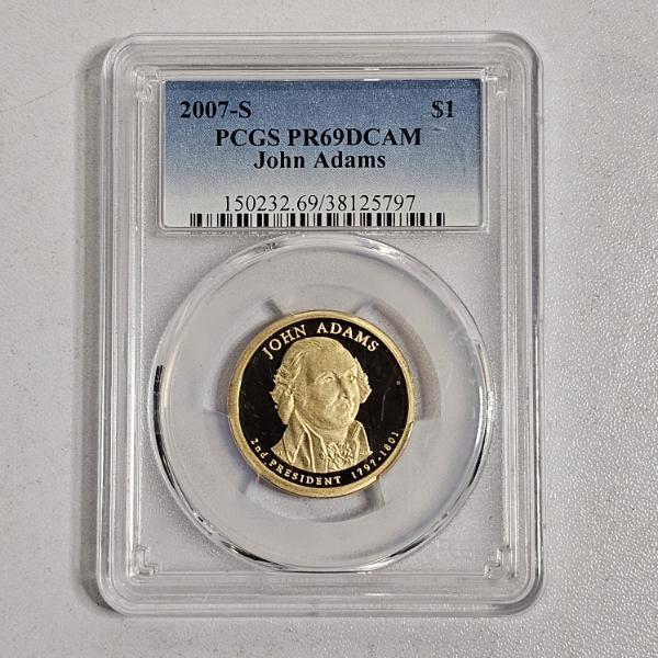 PCGS PR69DCAM 2007-S John Adams Presidential Golden Dollar Coin Deep Cameo Proof