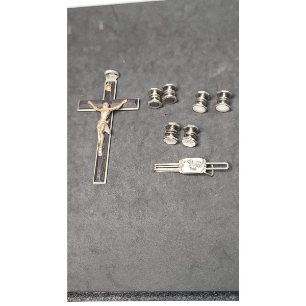 Vintage Tie Clip With Abalone Inlay, Baer And Wilde Snap Cuff Links & Crucifix 