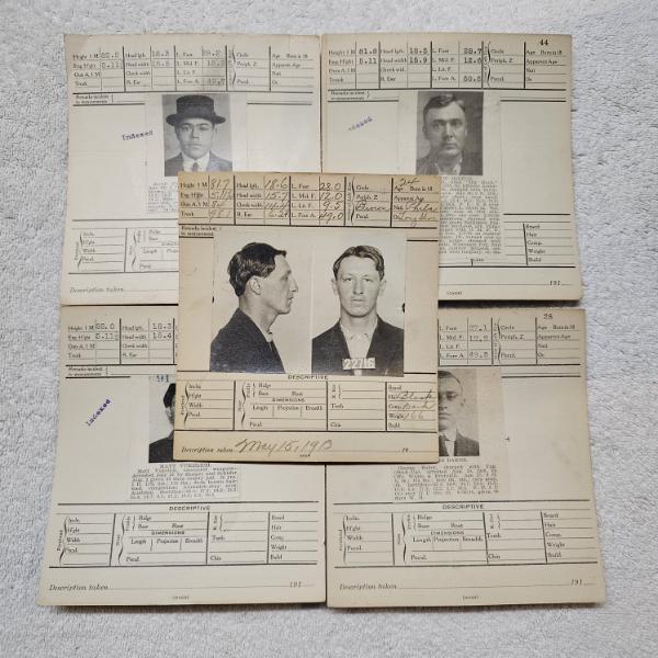 INTERESTING!!! Collection of 5 Antique MUGSHOT Bertillon Criminal Booking Sheets