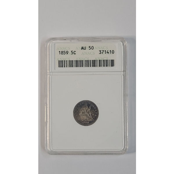 ANACS AU 50 1859 Seated Liberty 90% Silver Half Dime In Vintage ANACS Soapbox Slab