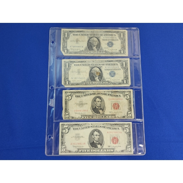 (2) U.S. $1 Silver Certificates 1957-A and 1957-B & (2) $5 Red Seal Notes: 1963 and 1953-C