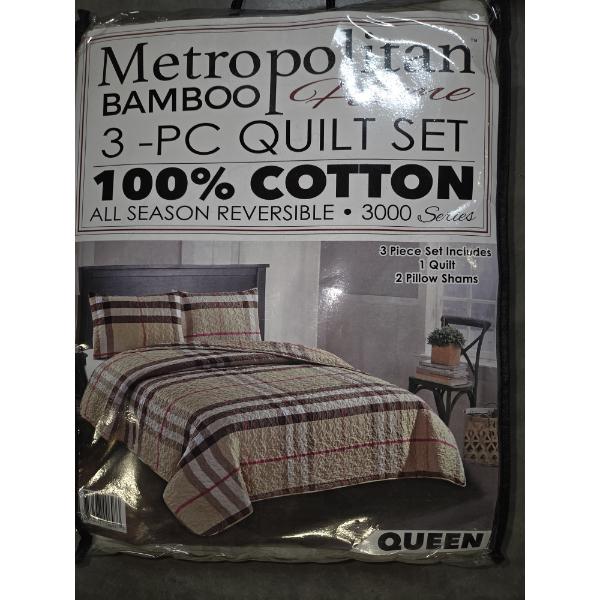 Metropolitan Queen Bamboo 3 Piece Tan Plaid Quilt Set