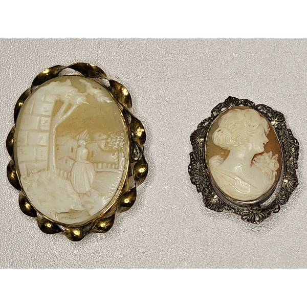 Two Vintage Hand-Carved Shell Cameo Brooches