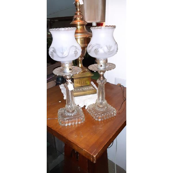 Antique Pair 14" Boudoir Lamps - Frosted & Etched Glass Globes With Crystal Base Working Nicely 