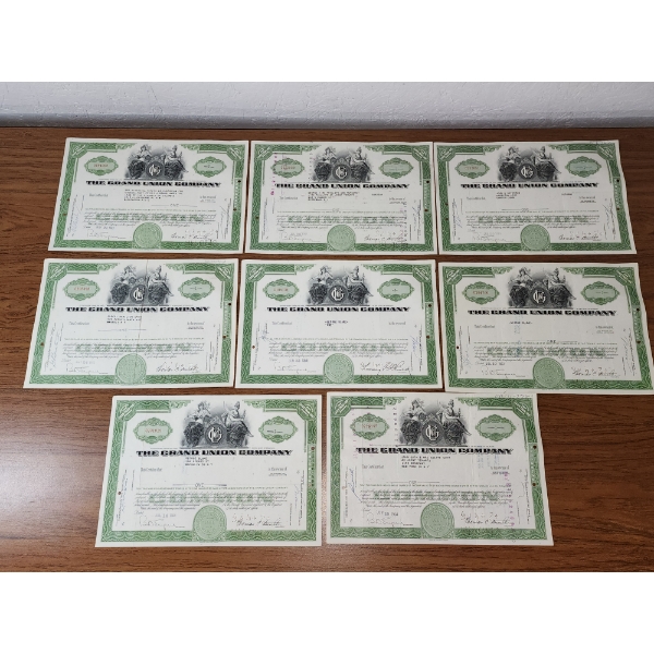 Lot of (8) The Grand Union Company Stock Certificates - Dated 1963, 1965, 1959, 1964