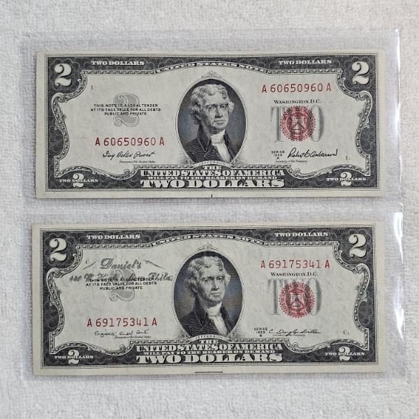 Two Series 1953A United States Notes ($2 bills) featuring a Distinctive Red Treasury Seal FV: $4.00