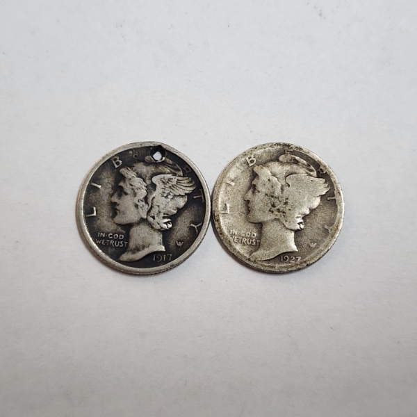 Two United States 90% Silver Mercury Dimes: 1917 & 1927