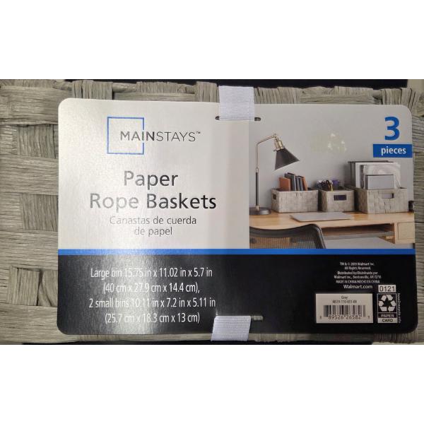 New! Mainstays 3 Piece Gray Paper Rope Basket Set 