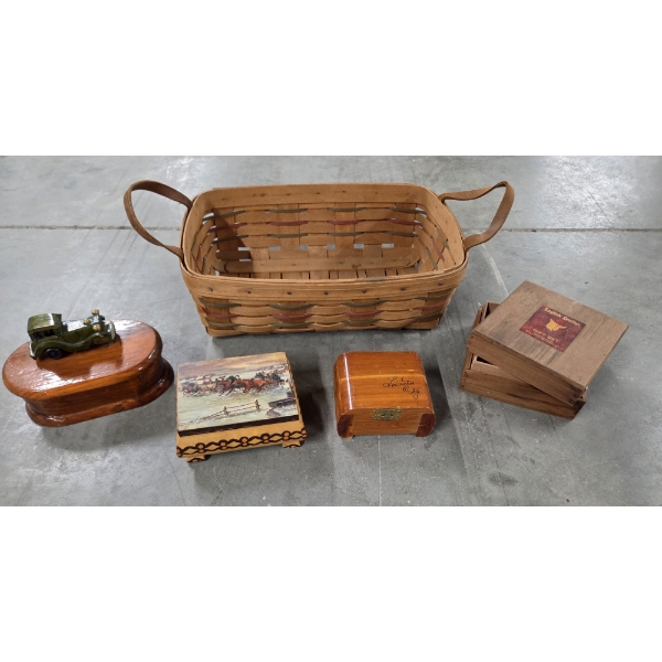 Vintage Collectables Including 14''x9.5'' Longaberger Basket & 4 Wooden Trinket Boxes
