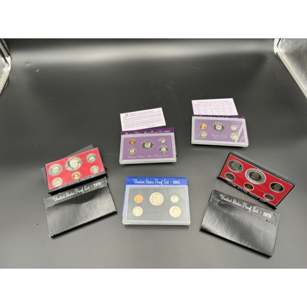 5 Proof Sets - 1978 - 1993 - 1983 -1979 - 1987 - Includes Kennedy Half Dollars - Quarters - dimes - 