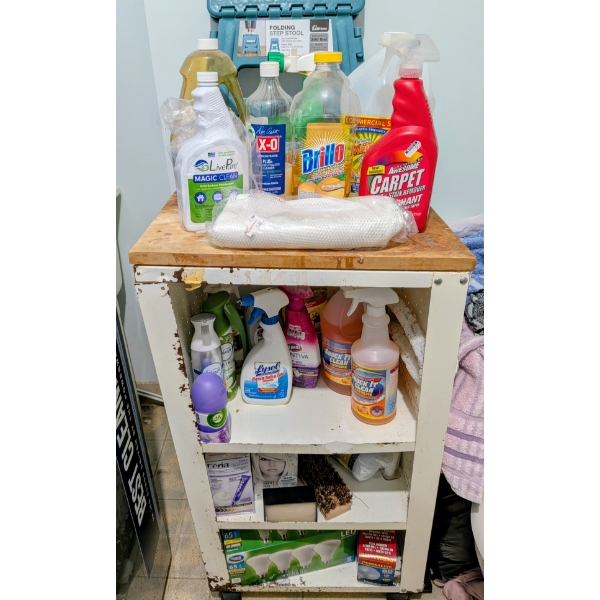Wood Top Rolling Cart With All Items Shown. Mostly New Products