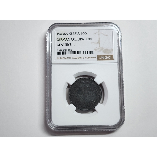 1943 BN Serbia 10 Dinara German Occupation NGC Genuine