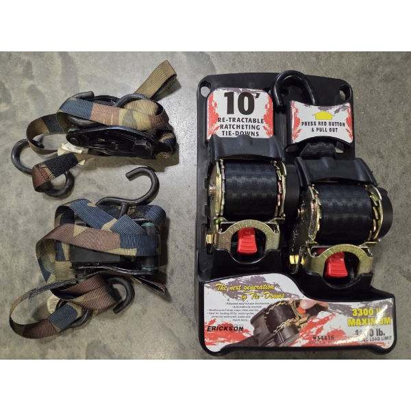New! Erickson 3300 lb. Ratcheting Tie Down Set & Two Camo Ratchet Straps