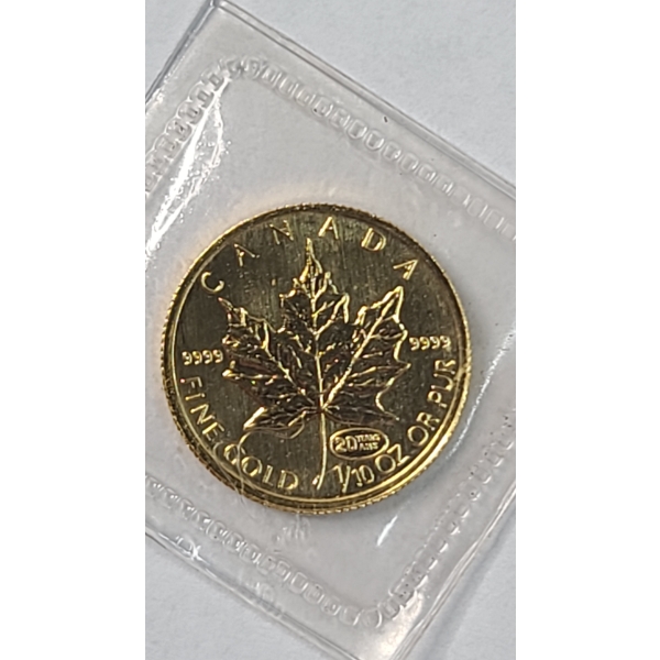 1999 Canada 1/10th Troy Oz .9999 Fine Gold Maple Leaf Coin With Special 20 Years Anniversary Privy