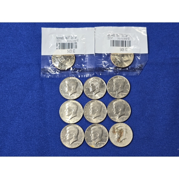 Lot of 11 Kennedy Half Dollars - Including Uncirculated 2005-D & 2005-P FV $5.50